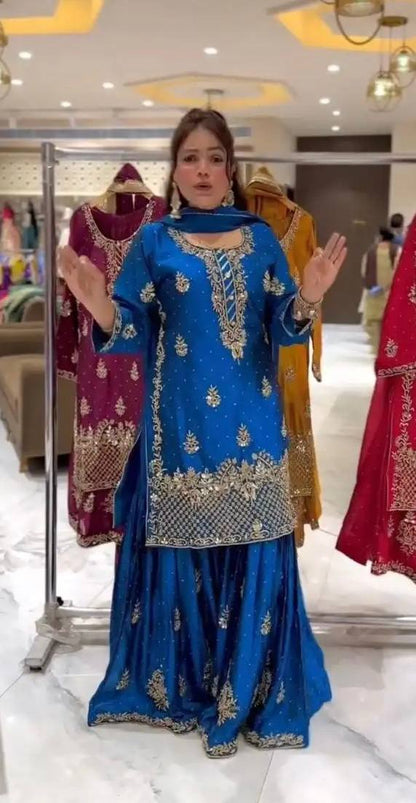 Ladyvastara Heavy Chinon Silk Sequence Embroidery Sharara Set with Dupatta