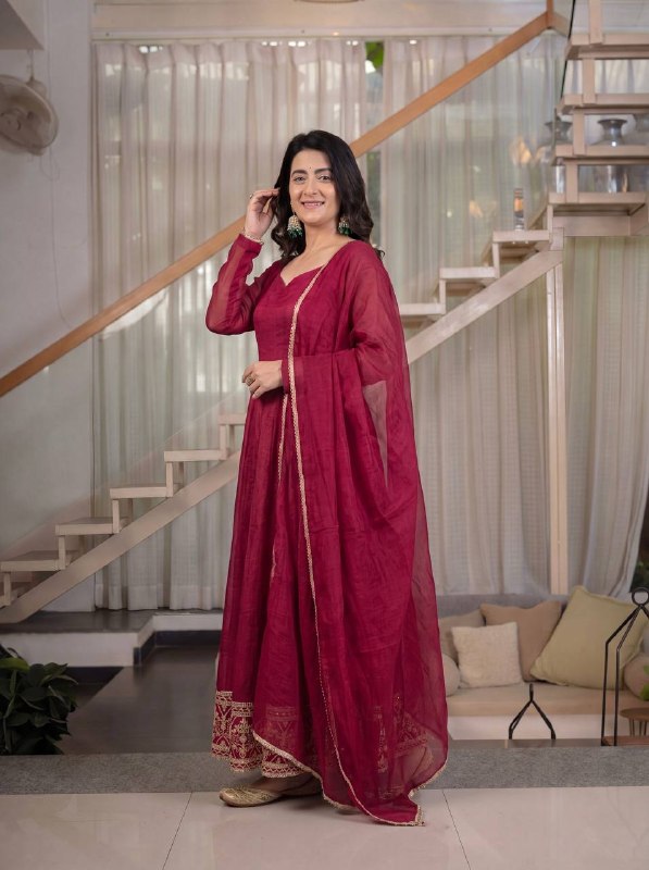 LadyVastara Heavy Crunchy Silk Embroidered Anarkali Kurta Set with Pant & Dupatta