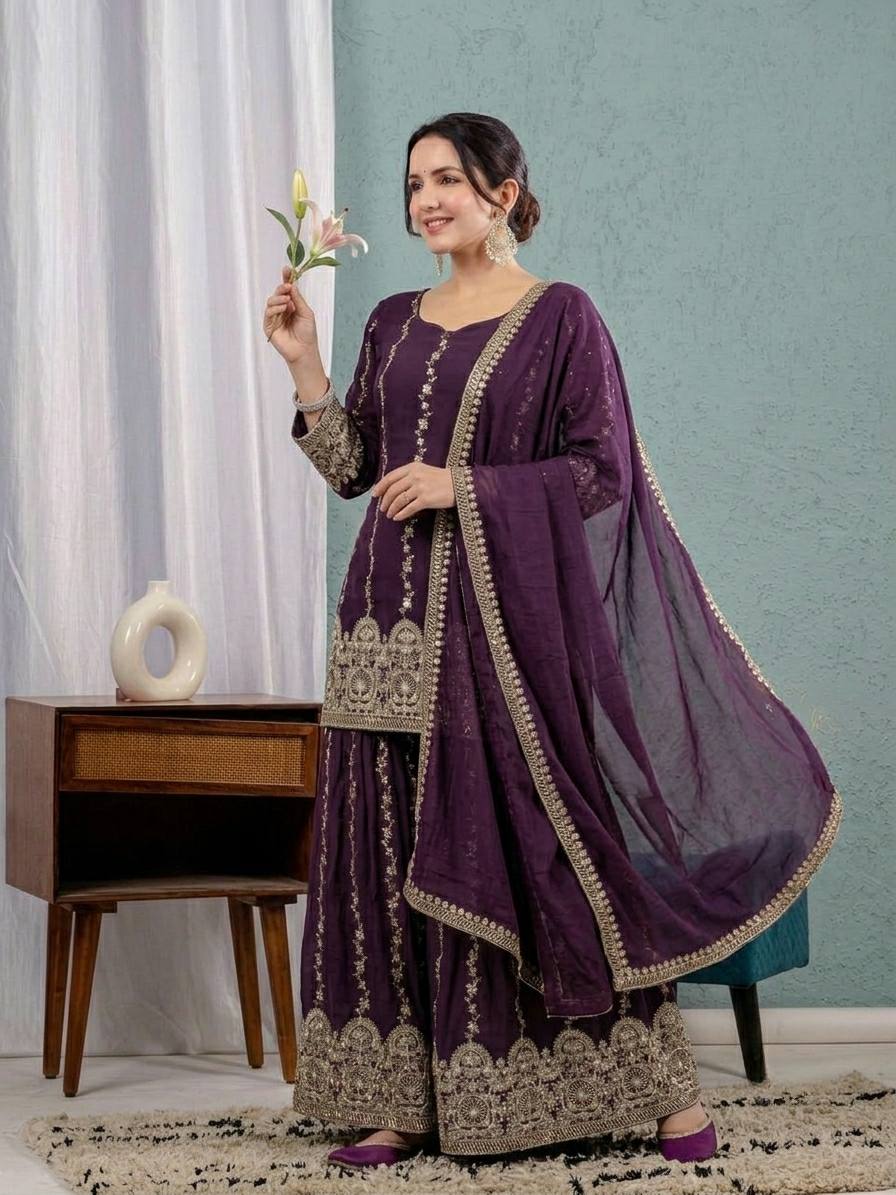 LadyVastara Premium Heavy Crunchy Silk Embroidered Sharara Suit Set for Women with Sequins Work & Dupatta