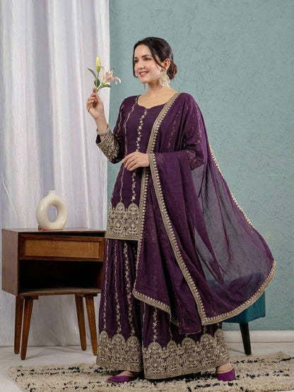 LadyVastara Premium Heavy Crunchy Silk Embroidered Sharara Suit Set for Women with Sequins Work & Dupatta
