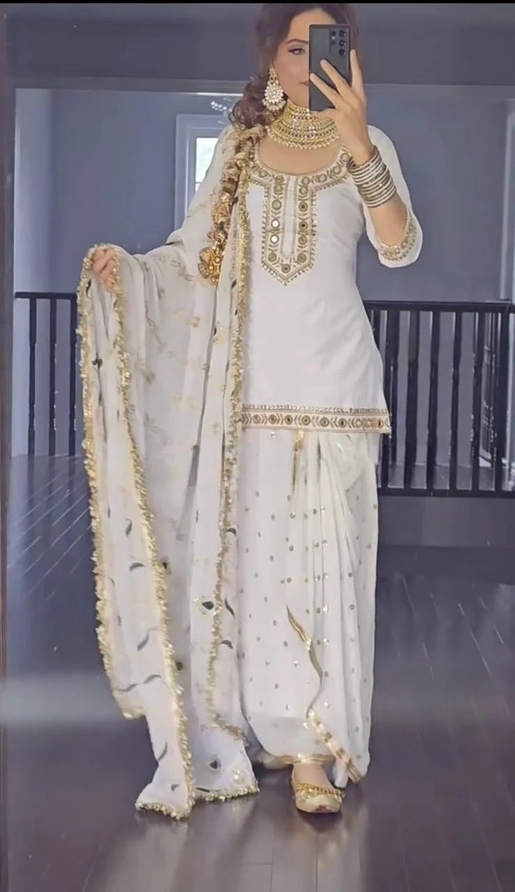 LadyVastara Designer Malay Silk Top with Dhoti Skirt & Chinon Dupatta