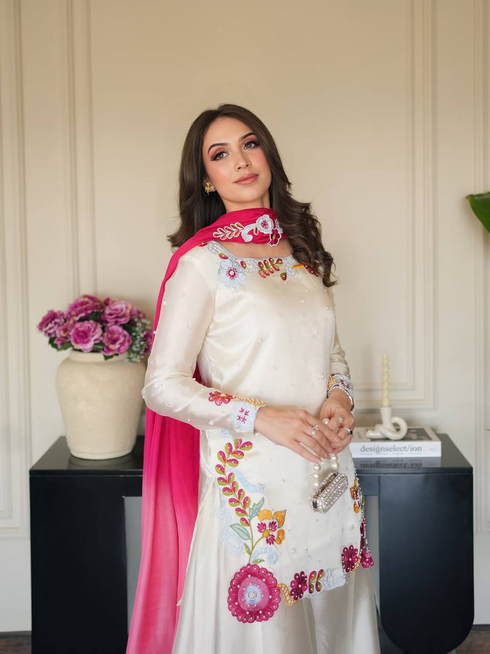 LadyVastara Heavy Roman Glass Silk Embroidered Sharara Suit Set with Chiffon Dupatta