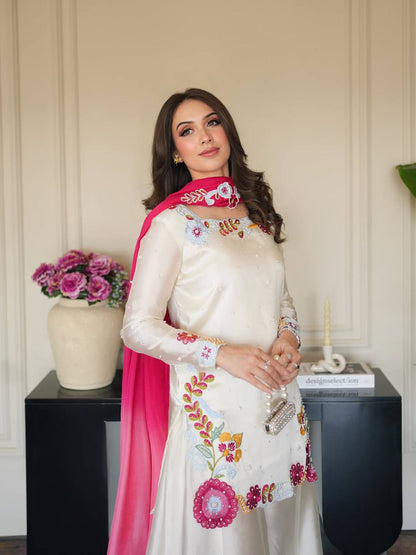 LadyVastara Heavy Roman Glass Silk Embroidered Sharara Suit Set with Chiffon Dupatta