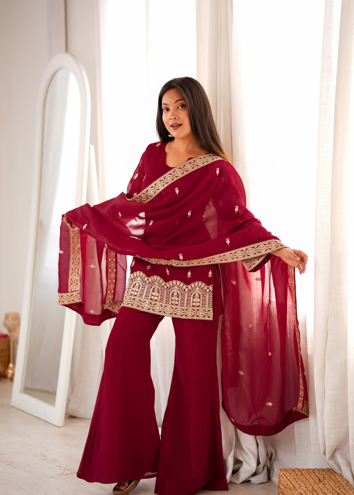 LadyVastara Designer Crunchy Silk Embroidered Kurta Bell Bottom Pant Set with Dupatta