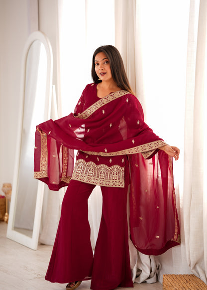 LadyVastara Designer Crunchy Silk Embroidered Kurta Bell Bottom Pant Set with Dupatta