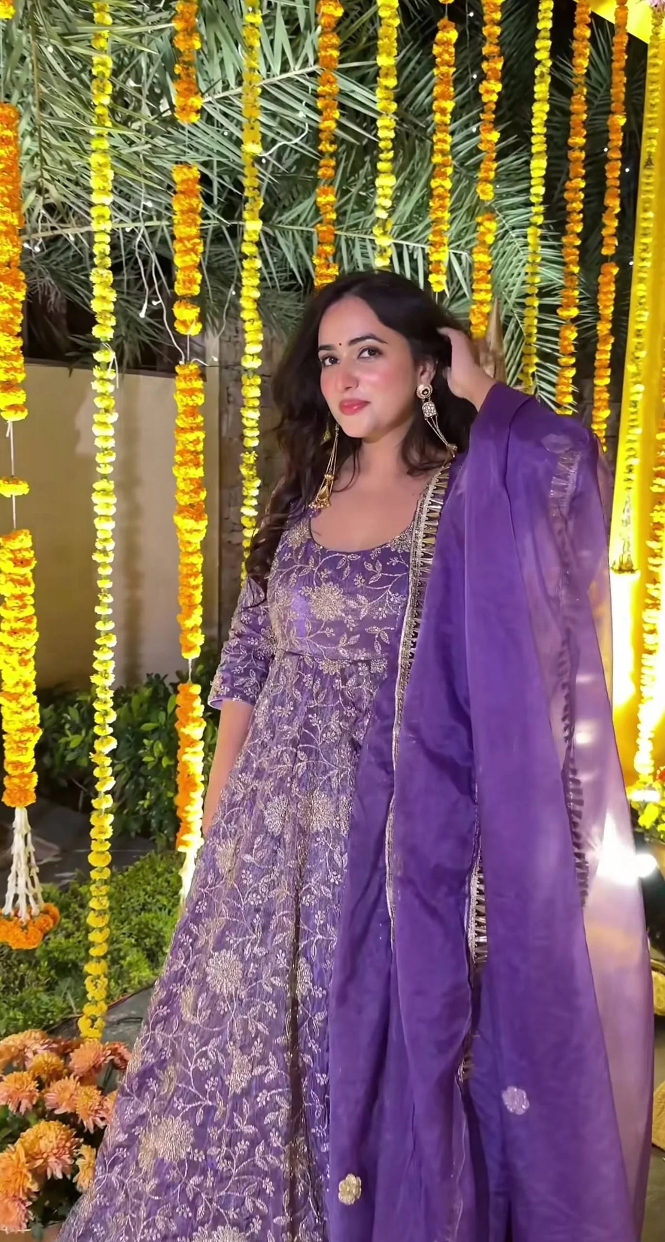 LadyVastara Purple Embroidered Crunchy Silk Anarkali Suit Set with Organza Dupatta