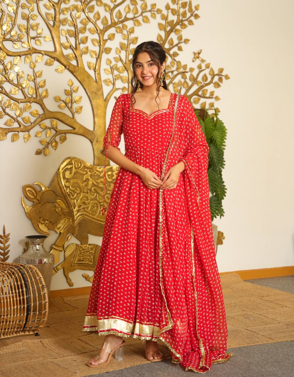 LadyVastara Bandhej Print Faux Georgette Gown Set with Dupatta & Bottom