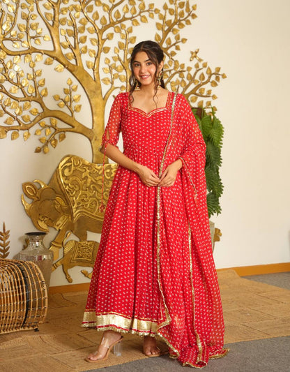 LadyVastara Bandhej Print Faux Georgette Gown Set with Dupatta & Bottom