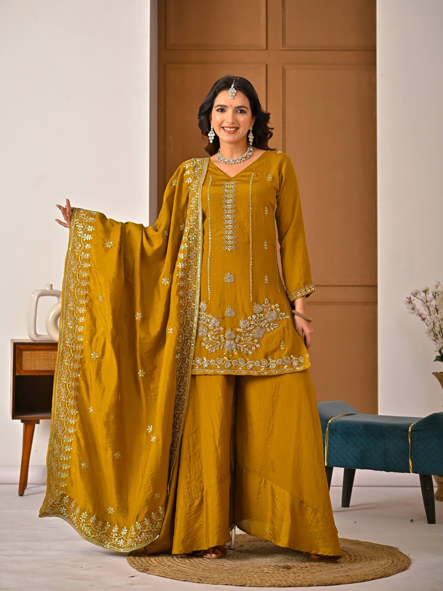 LadyVastara Women's Heavy NC Vichitra Embroidered Sharara Set with Dupatta