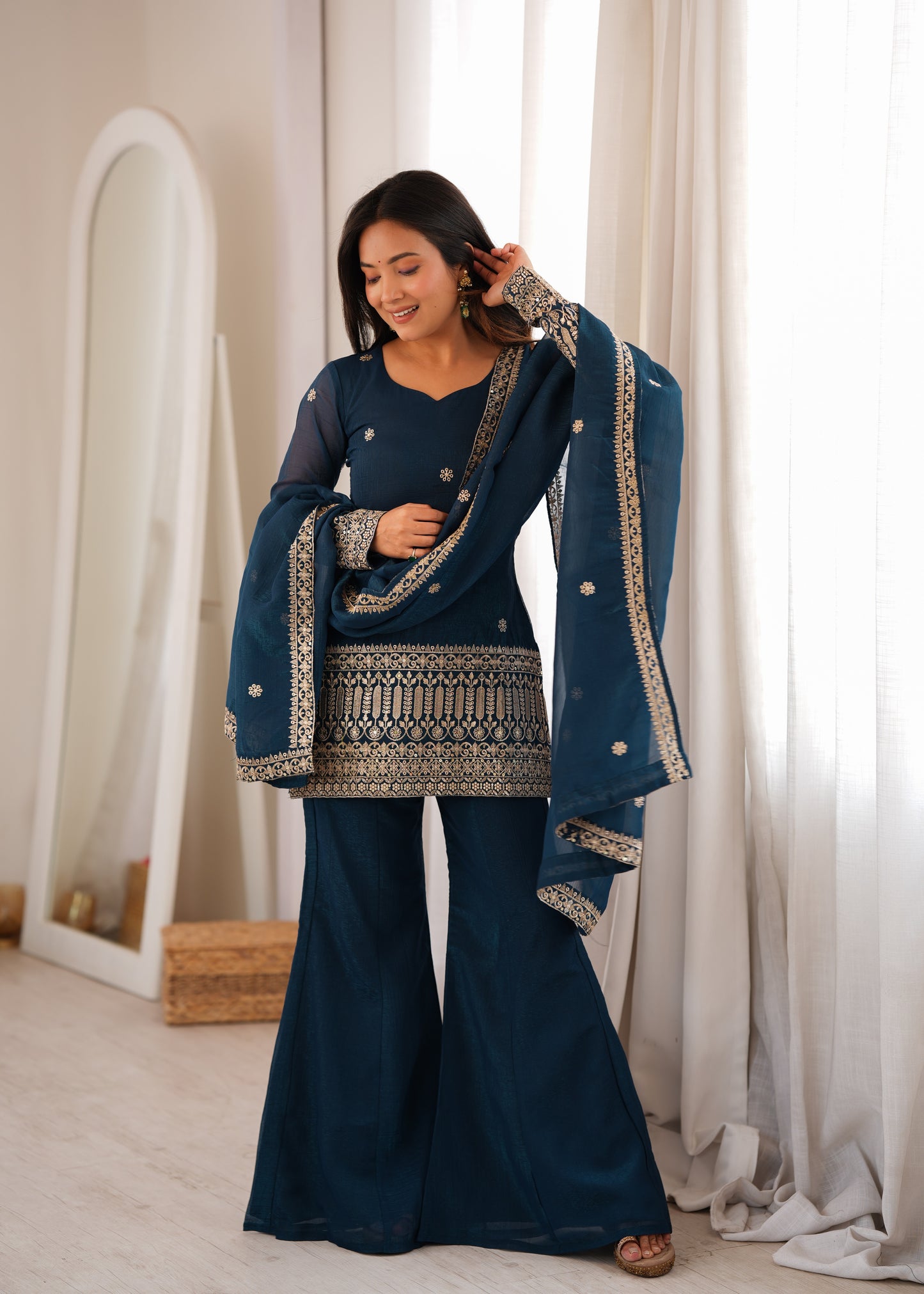 LadyVastara Crunchy Silk Embroidered Kurta with Bell Bottom Pant & Dupatta