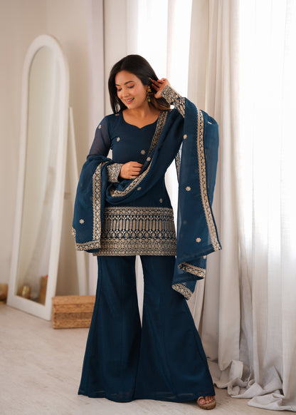 LadyVastara Crunchy Silk Embroidered Kurta with Bell Bottom Pant & Dupatta