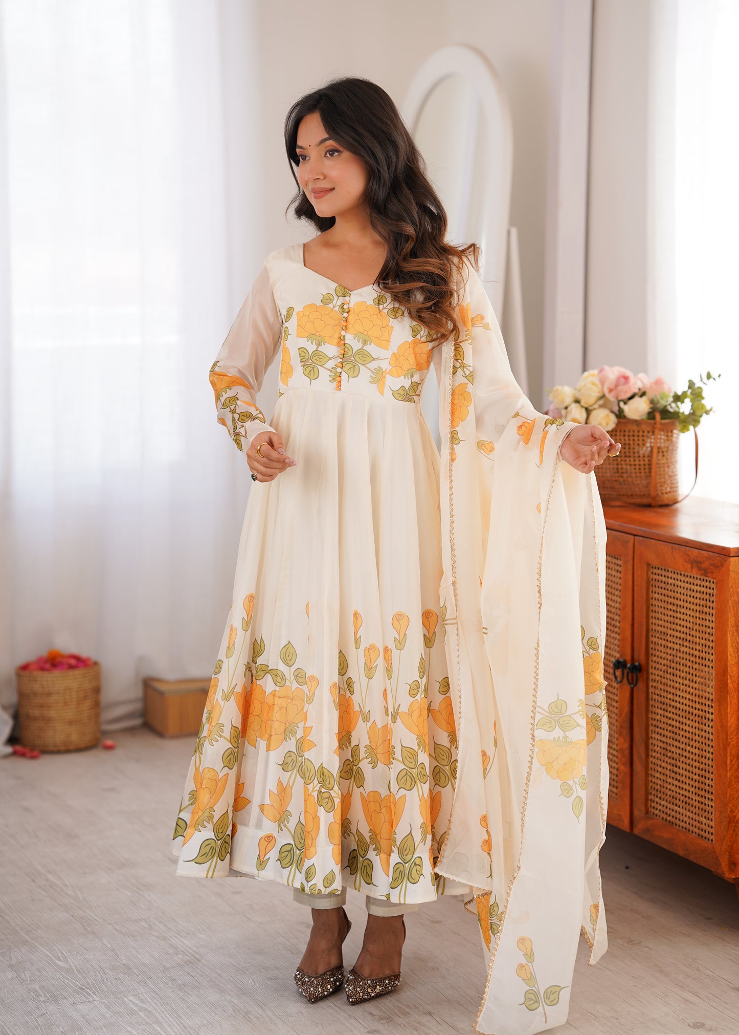 LadyVastara Women's Heavy Organza Silk Floral Print Anarkali Gown Set with Dupatt