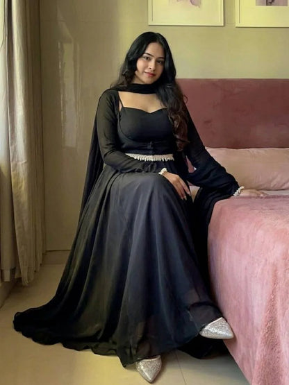 LadyVastara  Elegant Designer Faux Georgette Maxi Anarkali Suit Set With Koti & Dupatta