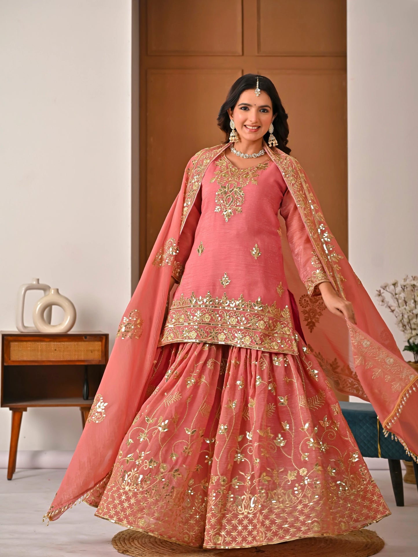 LadyVastara Royal Peach Crunchy Silk Embroidered Sharara Set