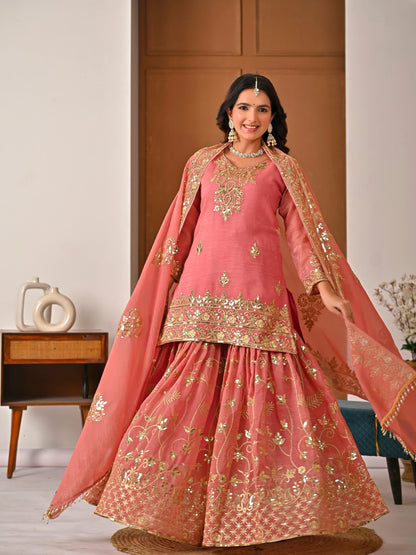 LadyVastara Royal Peach Crunchy Silk Embroidered Sharara Set