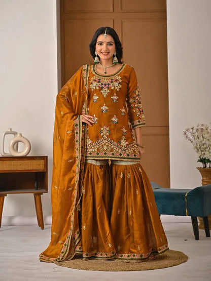 LadyVastara Designer Heavy Fandy Silk Kurta Sharara Palazzo Set with Embroidery & Dupatta