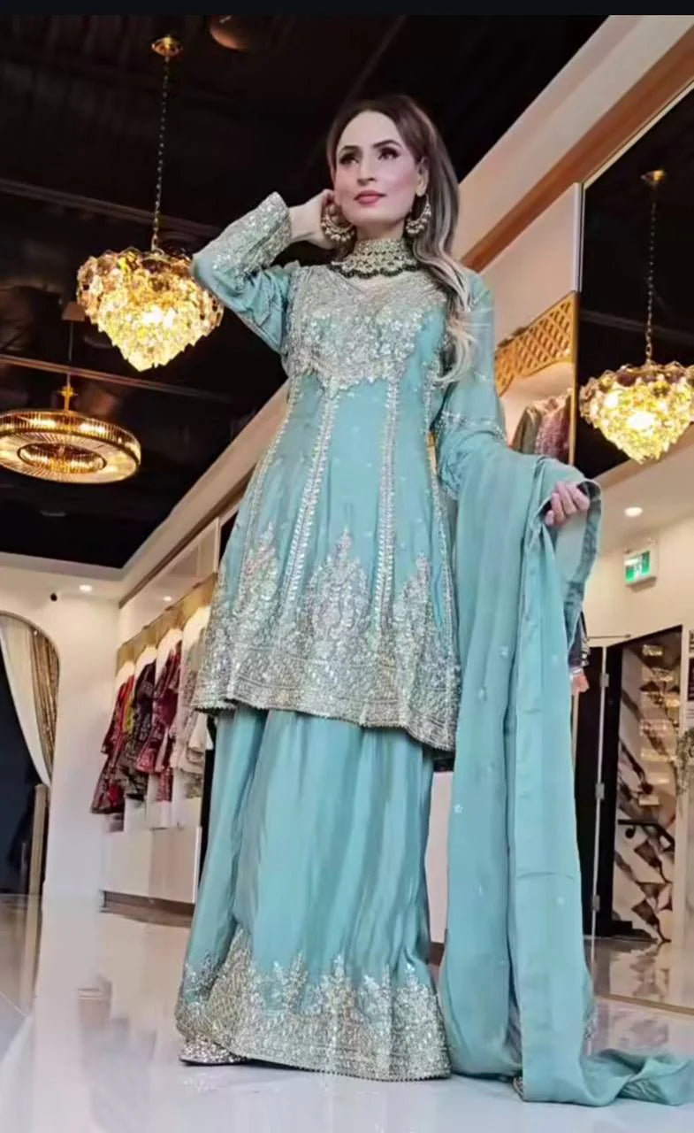 LadyVastara Heavy Chinon Silk Embroidered Top Sharara Palazzo Set with Dupatta