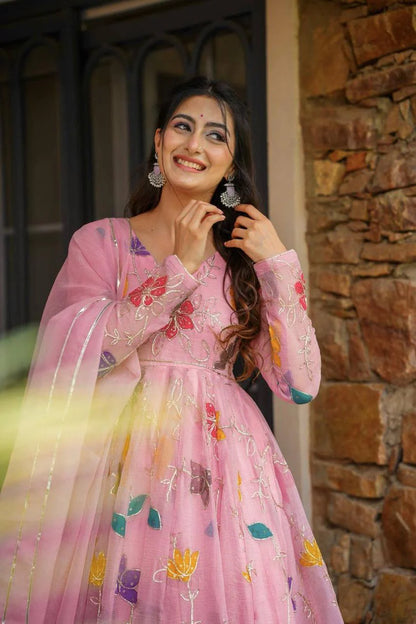 LadyVastara Multicolor Floral Embroidery Gown Sharara Set with Gota Patti Dupatta