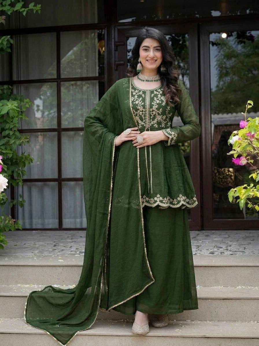 LadyVastara Royal Green Embroidered Kurta Palazzo Dupatta Set for Women