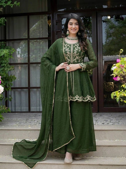 LadyVastara Royal Green Embroidered Kurta Palazzo Dupatta Set for Women