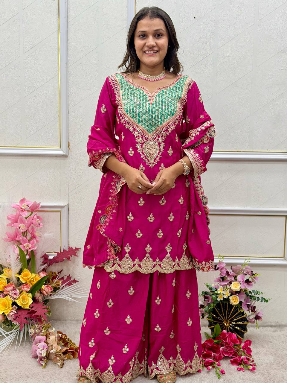 Chinon Silk Embroidered Mirror Work Palazzo Suit Set with Dupatta