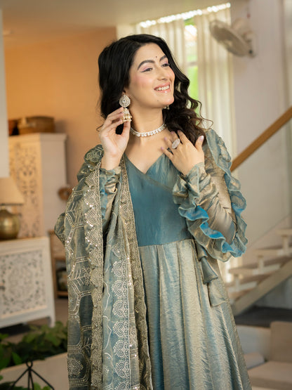 Designer Heavy Fandy Silk Embroidered Anarkali Suit Set with Palazzo & Dupatta