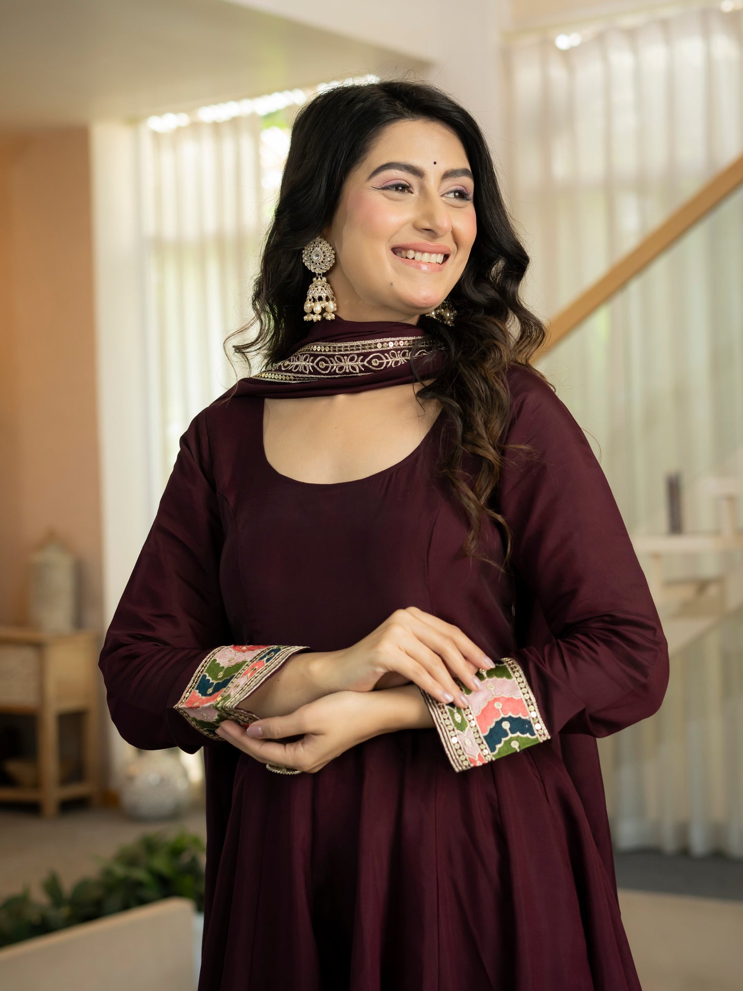 Designer Heavy Roman Silk Embroidered Anarkali Suit Set with Pant & Dupatta