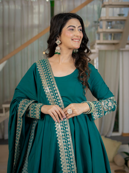 LadyVastara Heavy Roman Cotton Silk Embroidered Anarkali Suit Set with Pant & Dupatta