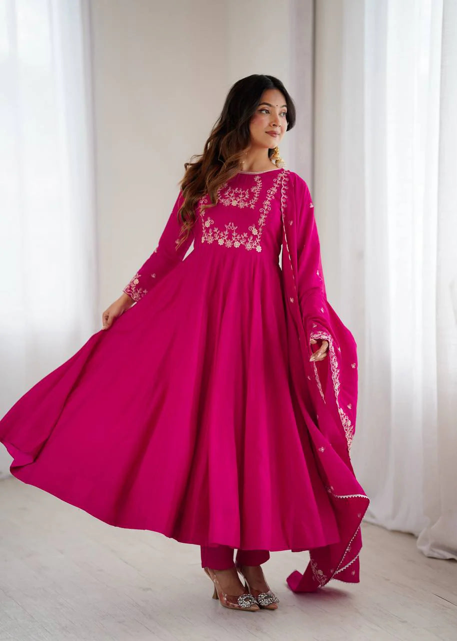 LadyVastara Premium Roman Chanderi Silk Flared Anarkali Suit Set with Embroidered Dupatta for Wedding & Festive Wear