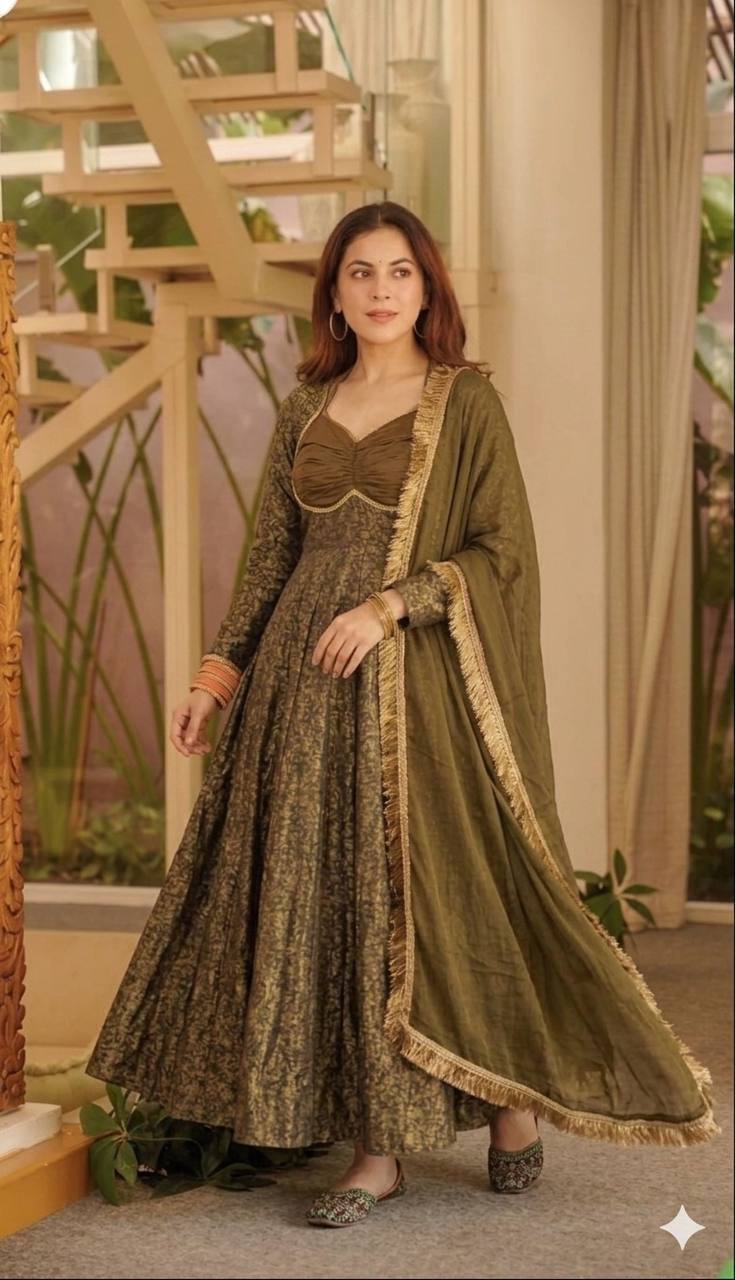 LadyVastara Floral Brocade Jacquard Anarkali Suit Set with Pant & Dupatta