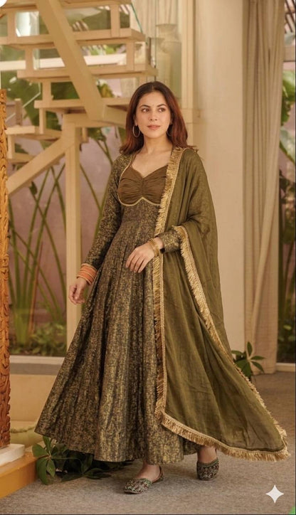 LadyVastara Floral Brocade Jacquard Anarkali Suit Set with Pant & Dupatta