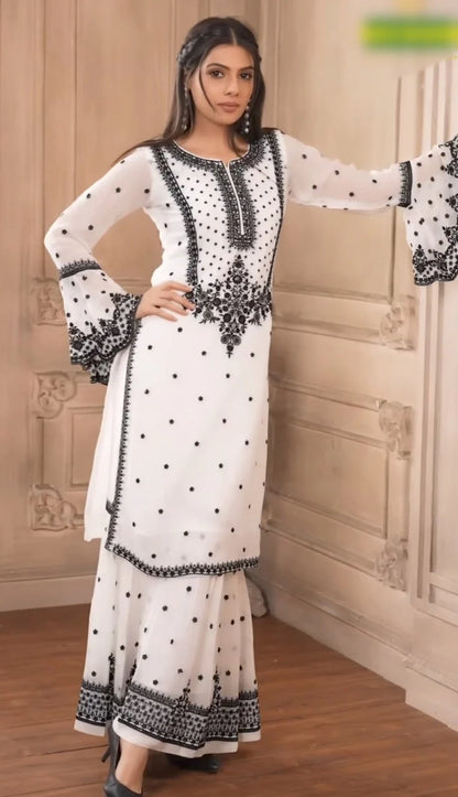 LadyVastara Designer Heavy Embroidered Faux Georgette Flair Top Set with Dupatta