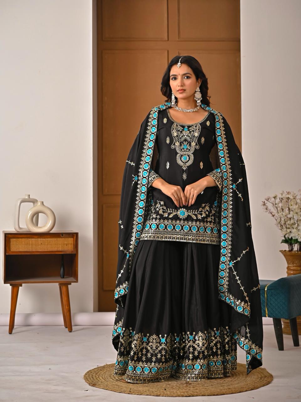 Ladyvastara Black Embroidered Kurta Sharara Set with Dupatta for Wedding & Festive Wear