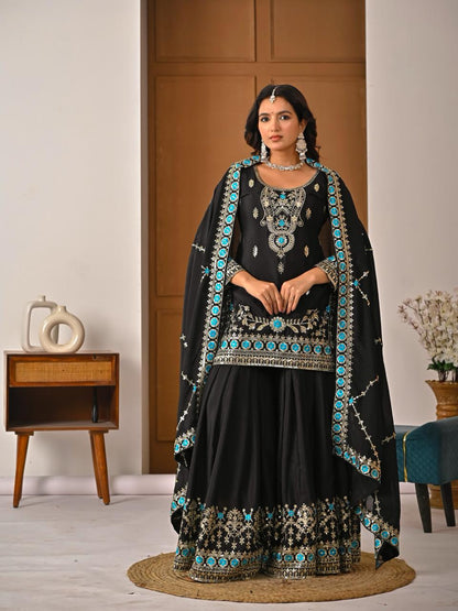 Ladyvastara Black Embroidered Kurta Sharara Set with Dupatta for Wedding & Festive Wear