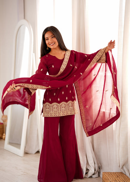 LadyVastara Designer Crunchy Silk Embroidered Kurta Bell Bottom Pant Set with Dupatta
