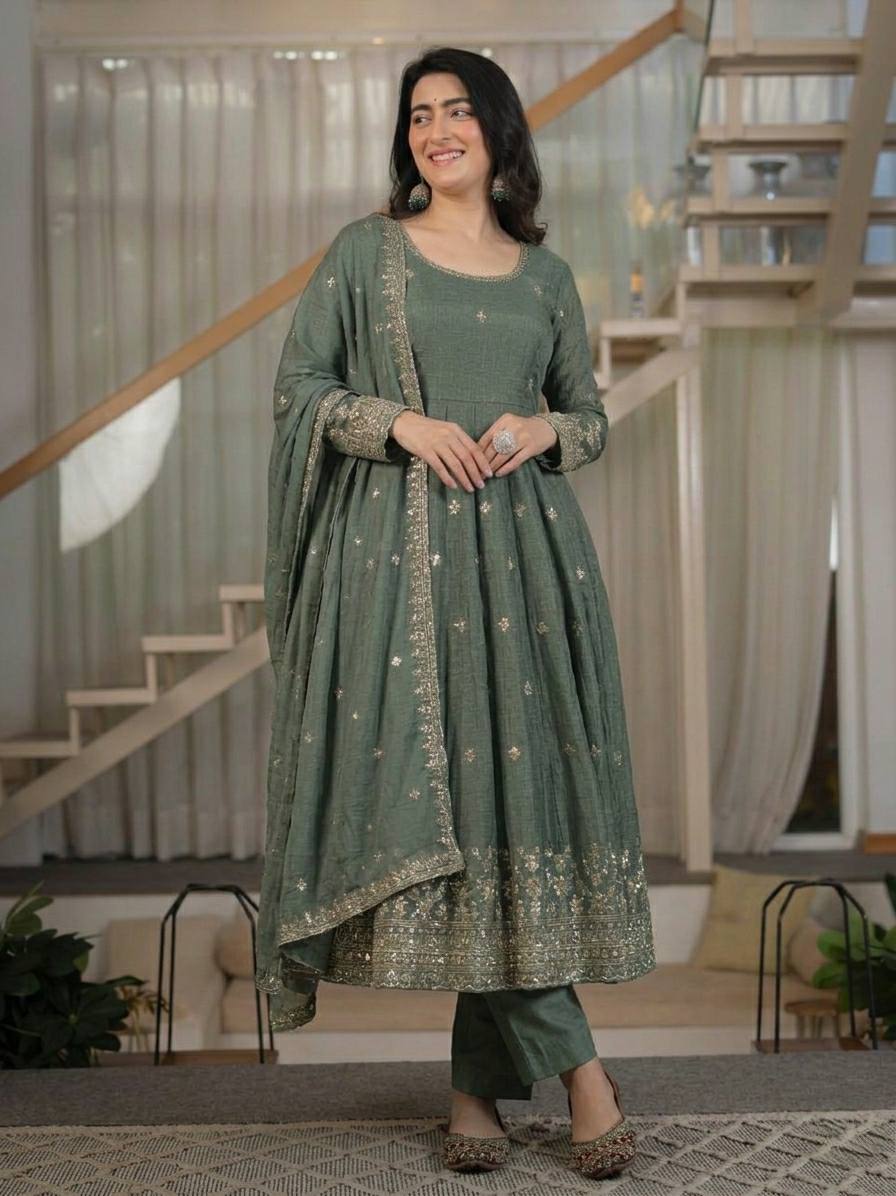 LadyVastara Women's Heavy Crunchy Silk Anarkali Suit Set with Embroidered Dupatta