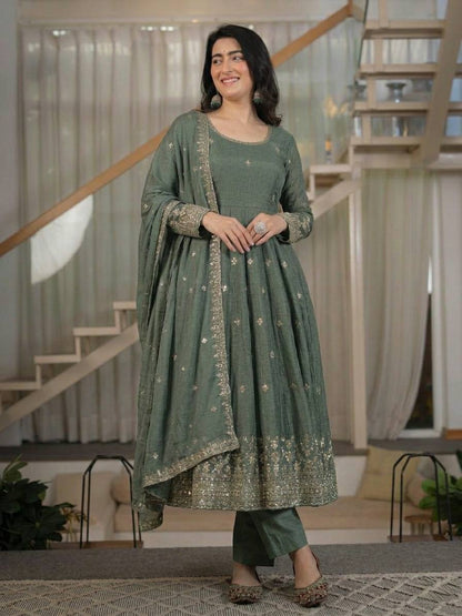 LadyVastara Women's Heavy Crunchy Silk Anarkali Suit Set with Embroidered Dupatta
