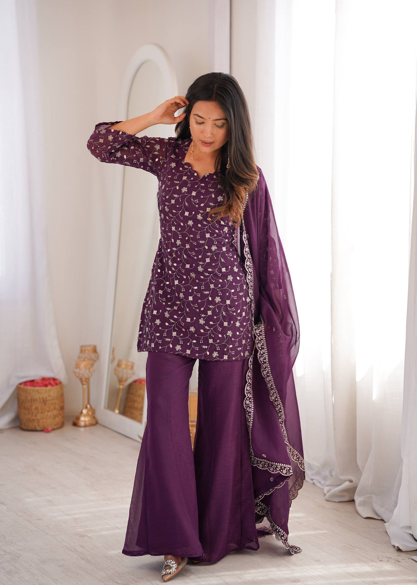 LadyVastara Designer Crunchy Silk Kurta Bell Bottom Set With Embroidery Sequence & Zari Work Dupatta