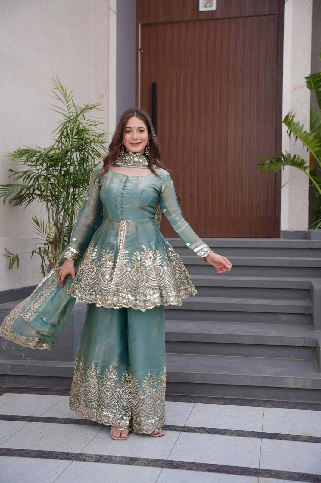 LadyVastara Designer Party Wear Two-Tone Fendy Satin Silk Gown Sharara Set with Heavy Embroidery, Real Mirror Work & Dupatta