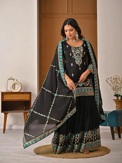 Ladyvastara Black Embroidered Kurta Sharara Set with Dupatta for Wedding & Festive Wear