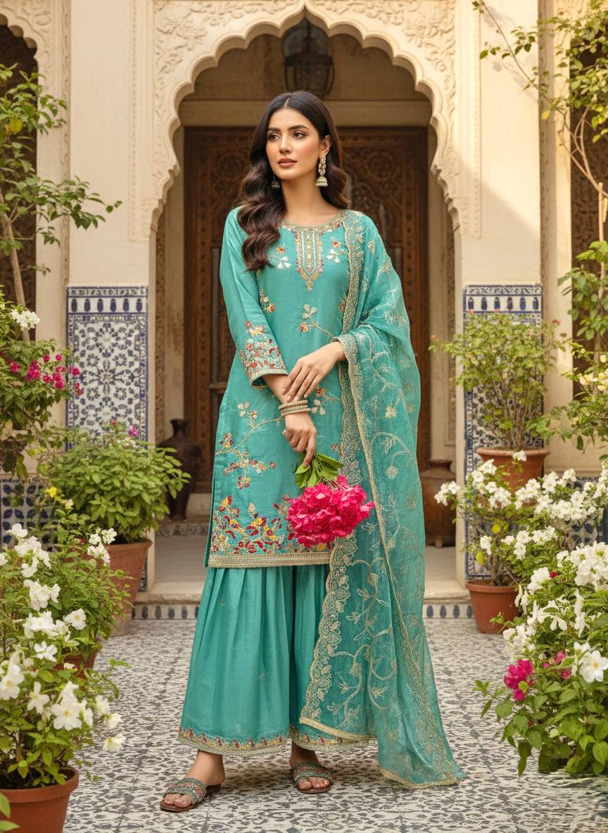 LadyVastara Elegant Pure Jimmy Silk Embroidered Palazzo Suit Set