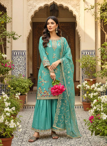 LadyVastara Elegant Pure Jimmy Silk Embroidered Palazzo Suit Set