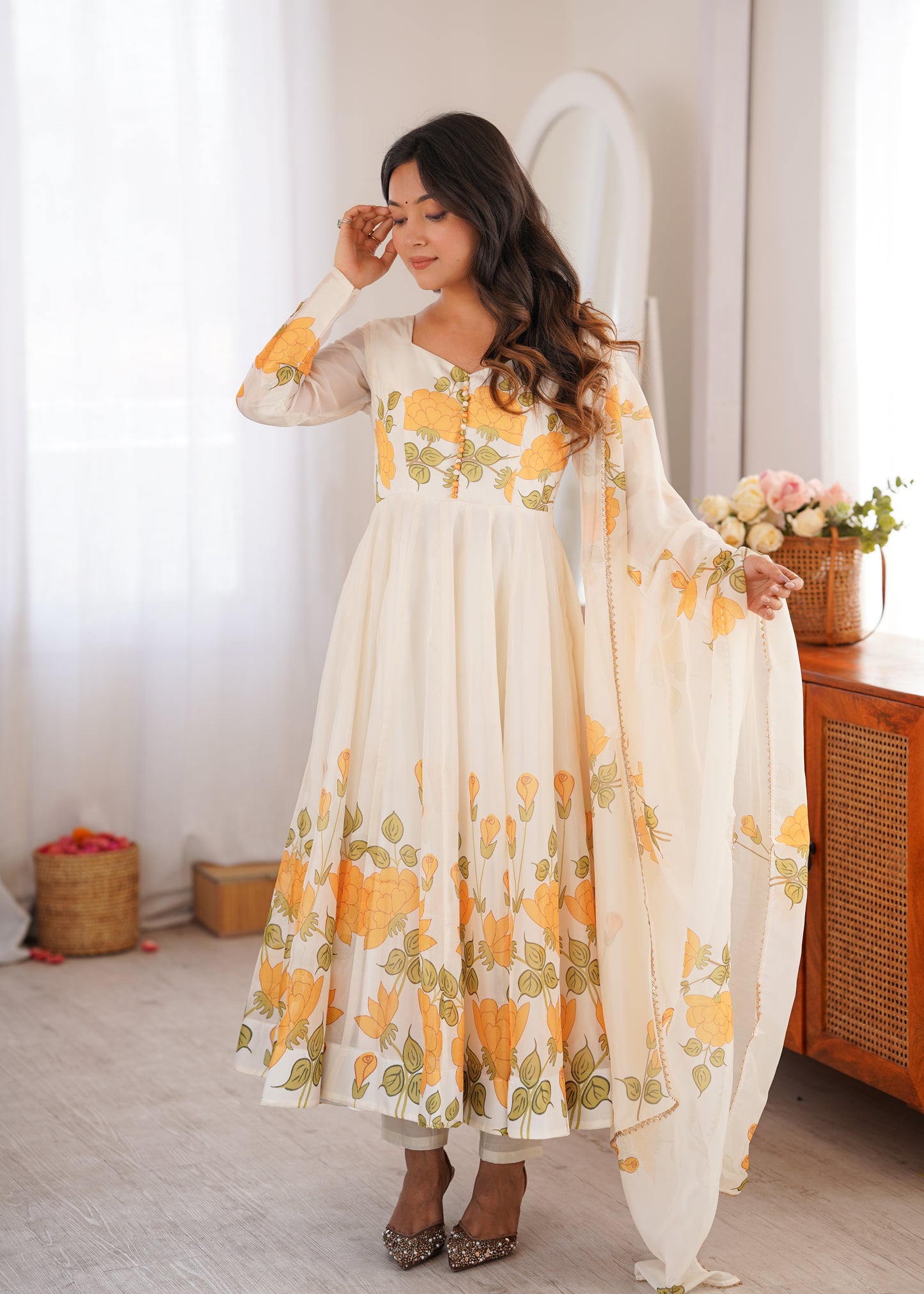LadyVastara Women's Heavy Organza Silk Floral Print Anarkali Gown Set with Dupatt