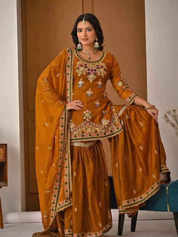 LadyVastara Designer Heavy Fandy Silk Kurta Sharara Palazzo Set with Embroidery & Dupatta