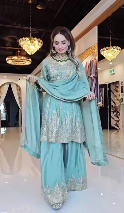 LadyVastara Heavy Chinon Silk Embroidered Top Sharara Palazzo Set with Dupatta