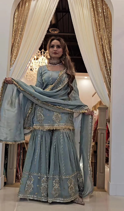 LadyVastara Women's Heavy Embroidered Aque Blue  Sharara Set – Premium Party & Festive Wear