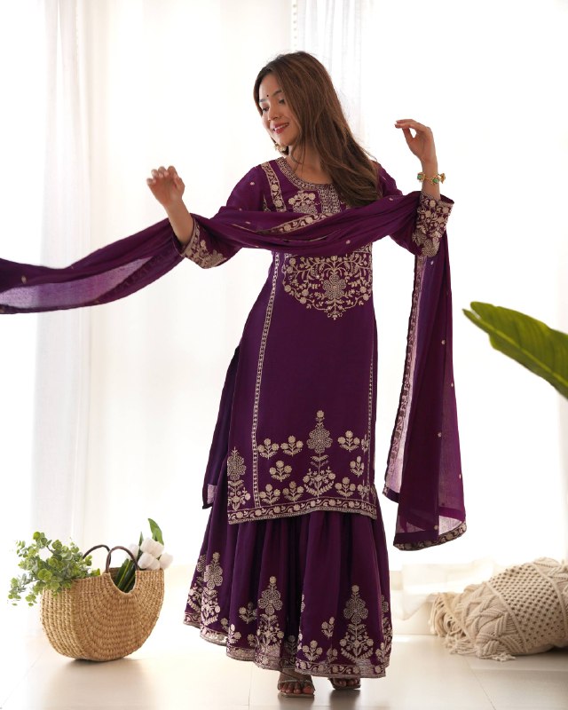 LadyVastara Designer Chinon Silk Kediyakurta with Sharara & Dupatta Set