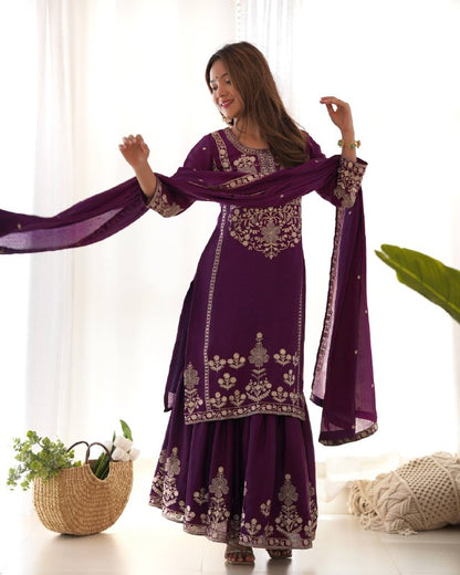 LadyVastara Designer Chinon Silk Kediyakurta with Sharara & Dupatta Set