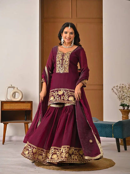 LadyVastara Premium Heavy Fendy Silk Embroidery Sharara Palazzo Suit