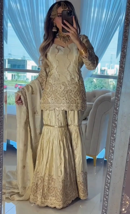 LadyVastara Premium Chinon Silk Embroidered Sharara Set